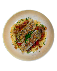 Baked Dukkah-Crusted Sea Bass, Eggplant Caponata and Couscous - LARGE